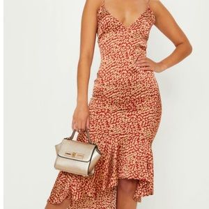 Red leopard print frill hem midi dress